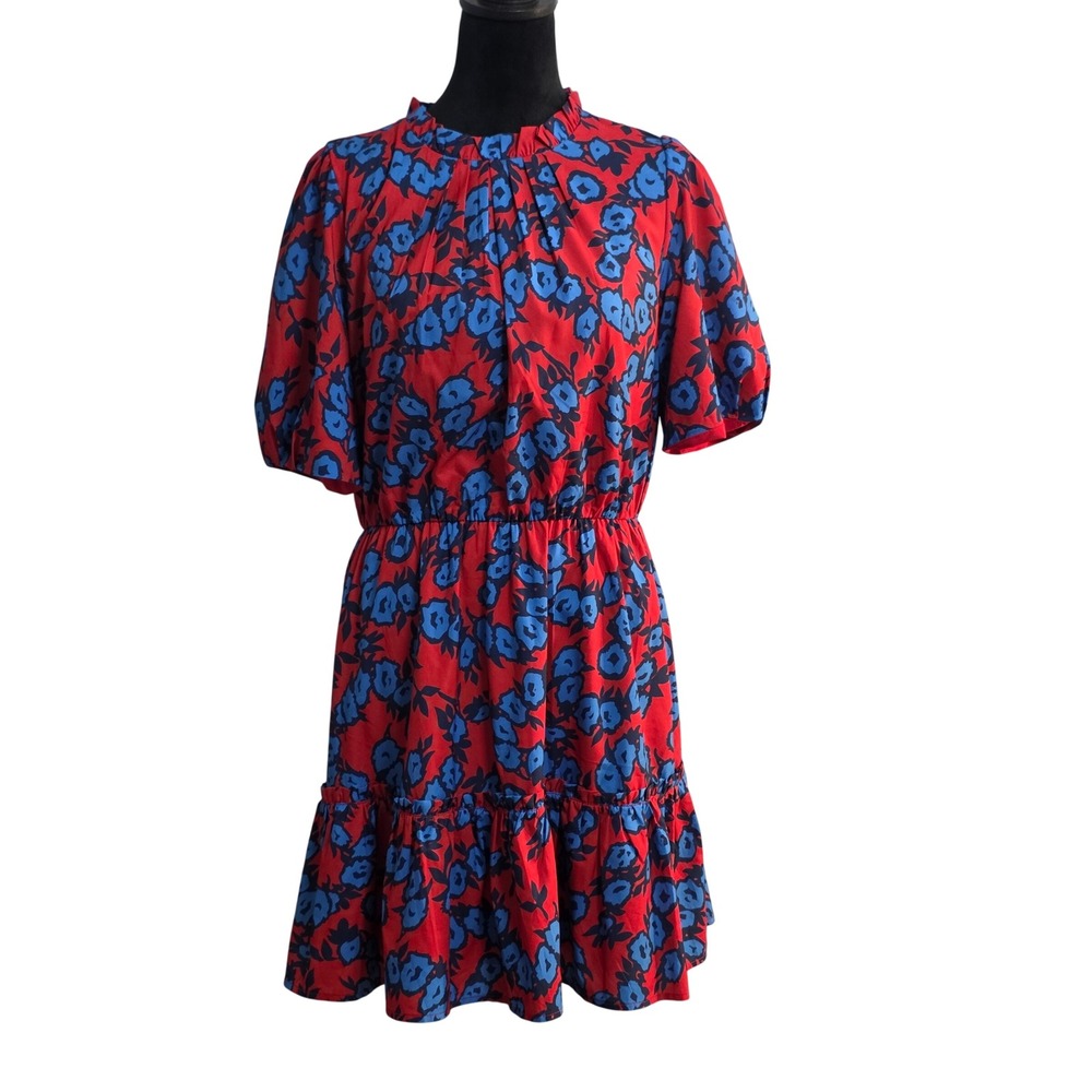 Sugar + Lips Red Blue Floral Ruffle Neck Puff Sleeve Mini Dress L